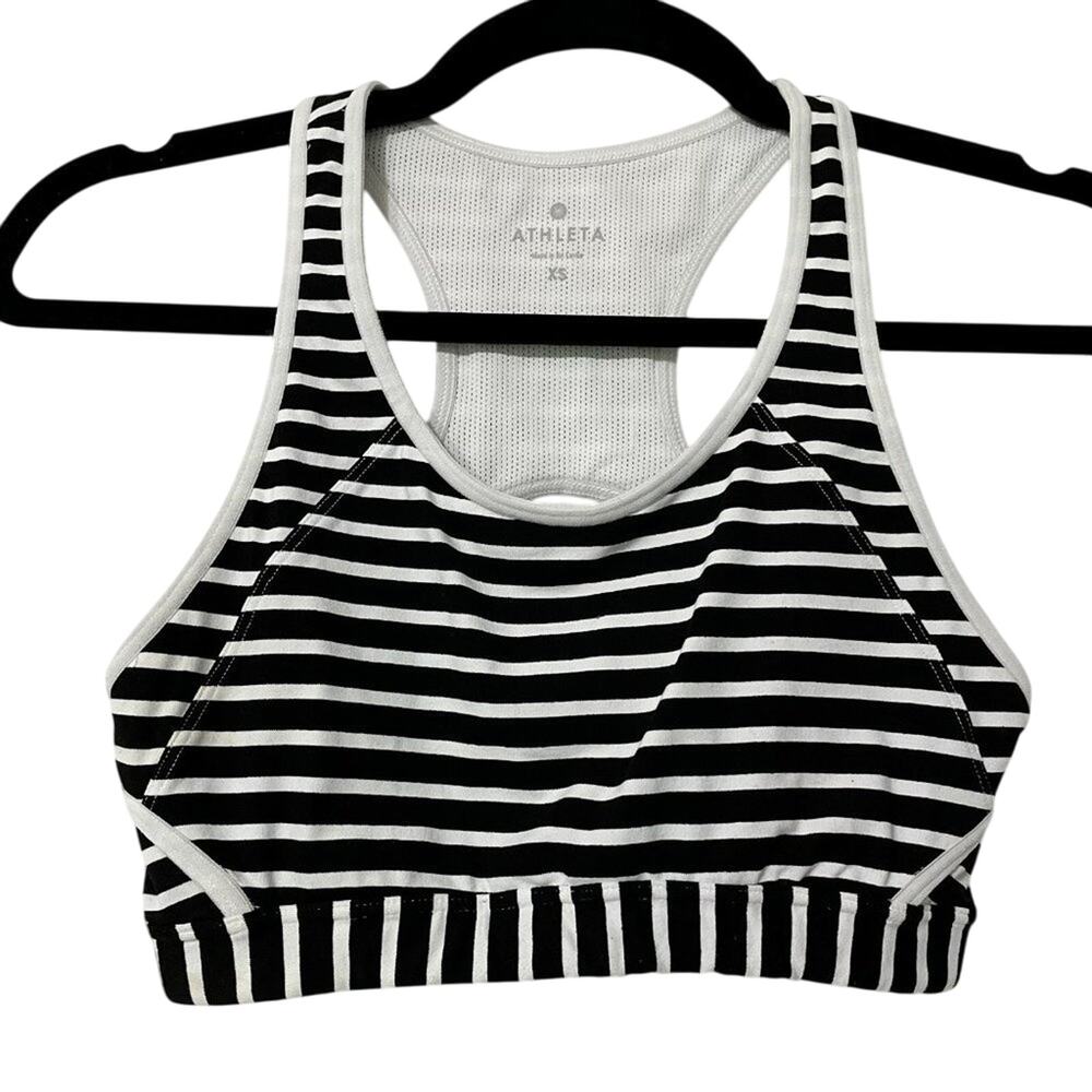 Athleta  Black White Striped Wireless Sports Bra Womens XS Athletic Classic Gym